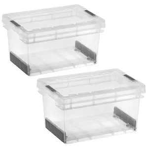 2 x 15 Litre Clear Plastic Stackable Ultra Resistant Modular Plastic Storage Container Boxes With Secure Clip Lock Lids