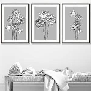 Set of 3 Sketch Art Peonies on Grey Wall Art Prints / 42x59cm (A2) / Black Frame