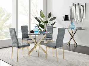 Furniturebox UK 4 Seater Dining Set - Novara 100cm Gold Round Glass Dining Table and Chairs - 4 Blue Velvet Pesaro Gold Chairs