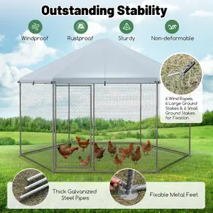 Costway Hexagonal Metal Chicken Coop Chicken Run House Spire-shaped Cage w/ Wire Mesh