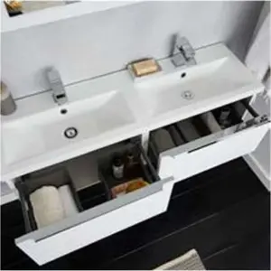 1200mm Bathroom Wall Mounted Drawer Unit and Twin Ceramic Basin Gloss White (Central) - Brassware Not Included