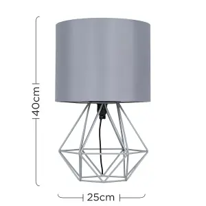 ValueLights Angus Modern Geometric Grey Metal Cage Bedside Table Lamp with Grey Fabric Shade