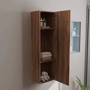 Rinse Bathrooms 1200mm Walnut Wall Mounted Tall Unit Bathroom Storage Cabinet Unit Flat Packed