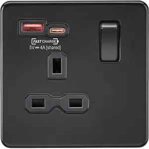 Knightsbridge Screwless Single Switched Socket Dual USB-C USB-A FASTCHARGE Matt Black - SFR9919MBB