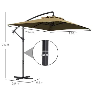 Outsunny 3 m Cantilever Parasol with Cross Base, Crank Handle, 6 Ribs, Brown