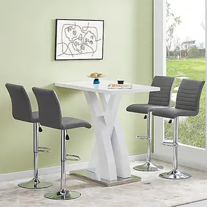 Axara White High Gloss Bar Table With 4 Ripple Grey Stools