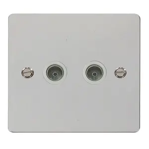 Flat Plate Polished Chrome 2 Gang Twin Coaxial TV Socket - White Trim - SE Home