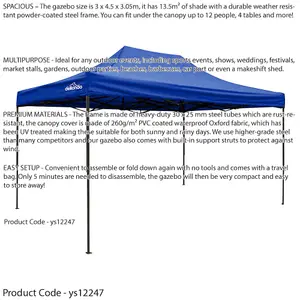 Large 3x4.5m Pop-Up Gazebo with Waterproof Side Walls - Blue Outdoor Pavilion Tent