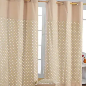 Homescapes Cotton Stars Beige Ready Made Eyelet Curtain Pair, 117 x 137 cm Drop