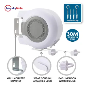 White 30m Retractable Clothes Reel Double Washing Line Wall Mounted Outdoor