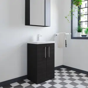 Compact Floor Standing 2 Door Vanity Basin Unit with Ceramic Basin - 500mm - Woodgrain Charcoal Black