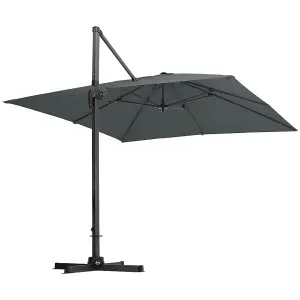 3M Large Square Canopy Rotatable Tilting Garden Rome Umbrella Cantilever Parasol with Cross Base, Dark Grey