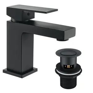 Matt Black Square Modern Bathroom Basin Sink Mixer Tap & Waste