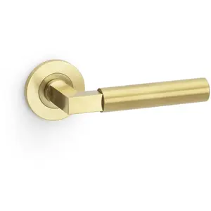 SOLID BRASS Smooth Door Handle Set - Satin Brass Angled Lever On Round Rose