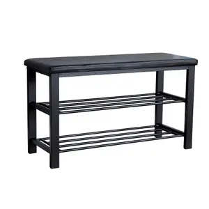 Home Source Sleaford Black Metal PU Upholstered Shoe Bench