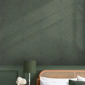 William Morris Gallery Collection Fibrous Green Marigold Metallic effect Smooth Wallpaper