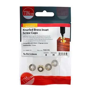 Timco - Knurled Inset Screw Cups - Solid Brass (Size To fit 4.8, 5.0 Screw - 8 Pieces)