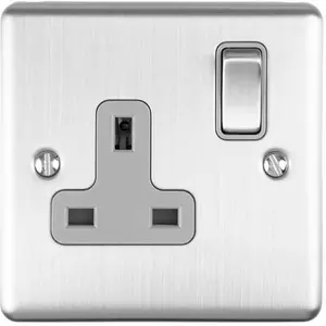 2 PACK 1 Gang Single UK Plug Socket SATIN STEEL 13A Switched Grey Trim Plate