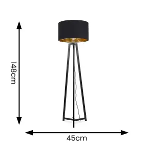 ValueLights Lottie Black Wood Tripod Floor Lamp with Black/Gold Drum Shade