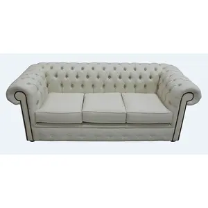 Chesterfield 3 Seater Sofa Settee Charles Cream Linen Fabric In Classic Style