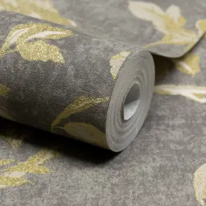 Paul Moneypenny Glistening Gold Paradise Birds Trail Charcoal Textured Wallpaper for Grandeco