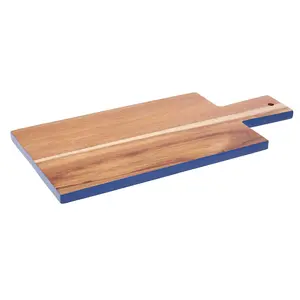 Interiors by Premier Blue Edge Rectangular Chopping Board, Natural Wood Chopping Board with Tapered Handle, Wood Chop Board