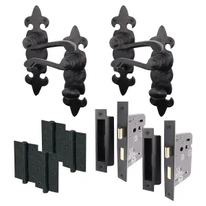 AFIT Black Antique Fleur De Lys Bathroom Door Handle Set - 2 Pairs Cast Iron Internal Lever Handles, Hinges (76mm) & Locks (64mm)