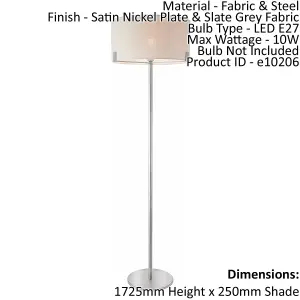 Floor Lamp Light Satin Nickel & Slate Grey Fabric 10W LED E27 Base & shade