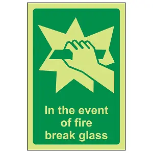 In The Event Of Fire Break Glass Safety Sign - Glow in the Dark - 100x150mm (x3)