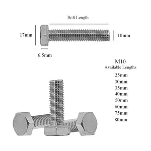 50 x Hex Head Set Screw Bolts M10 x 50mm, Fully Threaded,