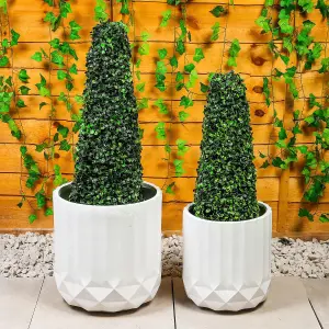 Set of 2 Large Handmade Round Plant Pots - Modern MgO Flower Planters with Geometric Texture Design and Drainage Hole