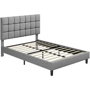 Size Modern Upholstered Bed Frame with Square Tufted Headboard Light Grey / Kingsize (5')