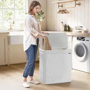 SONGMICS Laundry Basket, Large Clothes Hamper, with Lid, Bamboo, Removable and Washable Bag, Cloud White