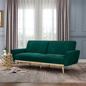 Dark Green Velvet 3 Seat Sofa Bed Recliner Couch with Wood Legs D 103 cm x W 204 cm x H 45 cm