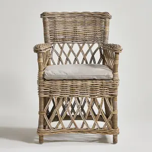 High Back Armchair Grey Removable Cushion Seat with a Classic Rattan Weave Frame