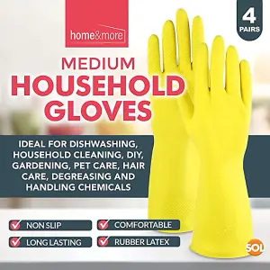 4 Pairs Household Rubber Gloves Medium, Yellow Washing Up Gloves Medium, Non Slip Cleaning Gloves, Dishwashing Gloves