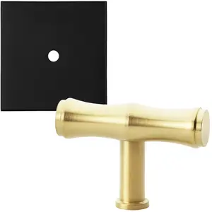 Cabinet Door Knob & Contrasting Backplate Set - Bamboo T Bar Pull - Satin Brass & Matt Black