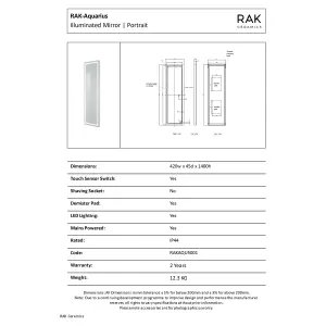 RAK Aquarius 420x1400mm Silvery White Square with Touch Sensor Illuminated Mirror IP44