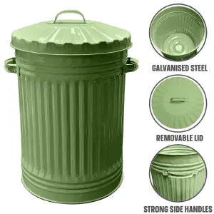 Sage Green Metal Bin Retro Galvanised Dustbin Vintage Style Steel Bin - 45L