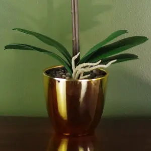 48cm Golden Orchid Artificial  - Yellow with Gold Pot