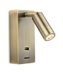 Luminosa Clifton LED Wall Reading Light & USB Port Antique Brass