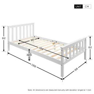 Single Bed White 3ft Solid Pine Wooden Bed Frame for Adults, Kids 190 x 90 cm (3FT)