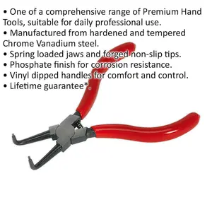 140mm Bent Nose Internal Circlip Pliers - Spring Loaded Jaws - Non-Slip Tips