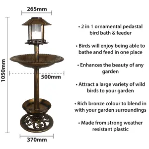 Ornamental Free Standing, Weather Resistant, Pedestal style, Easy Assemble Bird Bath Feeder with Solar Powered Light