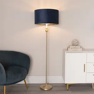 ValueLights Maggie Gold Candlestick Floor Lamp with Navy Blue Velvet with Gold Inner Lamp Shade and LED Bulb