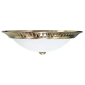 Traditional Antique Brass Flush Ceiling Light Fitting with Opal Glass Diffuser