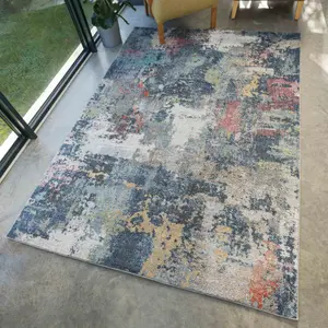 Navy Blue Multicoloured Abstract Distressed Soft Fireside Living Area Rug 60cm x240cm