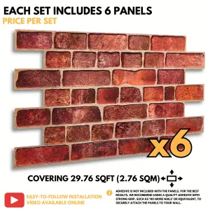 3D Wall Panels with Adhesive Included - Pack of 6 Sheets - Covering 29.76 ft² (2.76 m²) - Decorative Faux Deep Red Brick Pattern