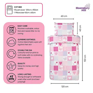 Bloomsbury Mill - Patchwork Butterflies- Kids Toddler Cot Bed Duvet Cover and Pillowcase Set for Girls - Cot Bed - 150 x 120cm