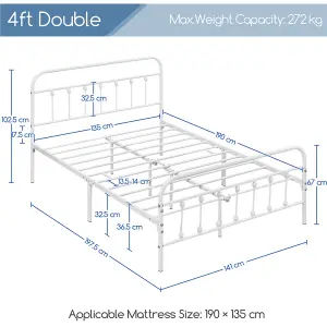 Yaheetech White 4ft6 Double Vintage Metal Bed Frame with High Headboard and Footboard